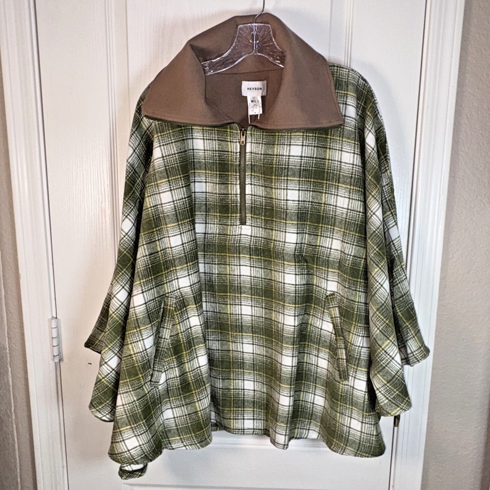 Heyson Women's Zip Pullover Poncho Jacket M/L NWT Olive Cream Plaid Collar Cozy